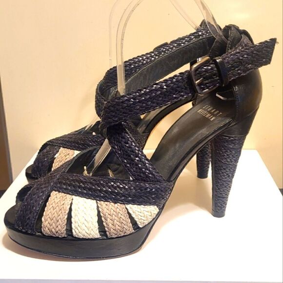Stuart Weitzman Bradford Black Woven Leather Straps Platform Sandals sz.8.5 $375 - Picture 1 of 11